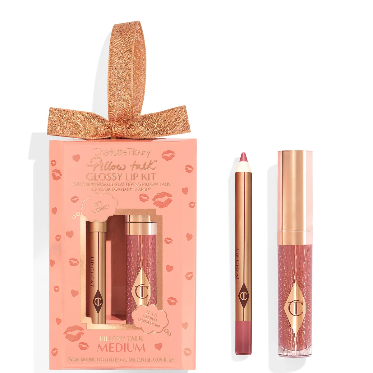 Charlotte Tilbury Pillow Talk Medium Glossy Lips Duo, bow-topped bauble gift set