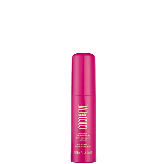 Coco & Eve Anti-Ageing Tanning Serum 30ml – Glass dropper bottle with golden tanning serum for radiant, youthful skin.