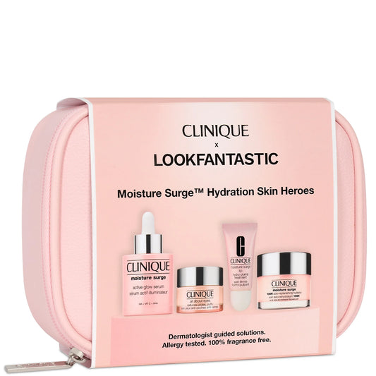 Clinique Moisture Surge Hydration Skin Heroes Set, set of four Clinique Moisture Surge and All About Eyes products in pink and white packaging