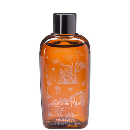 Coco de Mer Enraptured Figment Massage Oil glass bottle with pump and dark label design