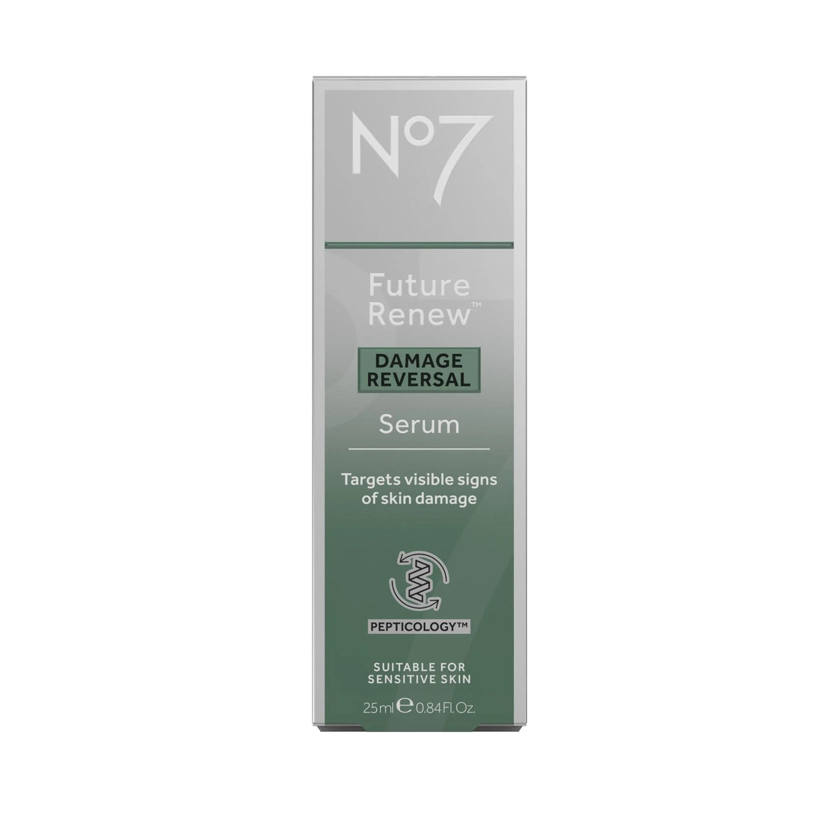 No7 Future Renew™ Damage Reversal Serum, clear glass dropper bottle with black cap and No7 Future Renew branding