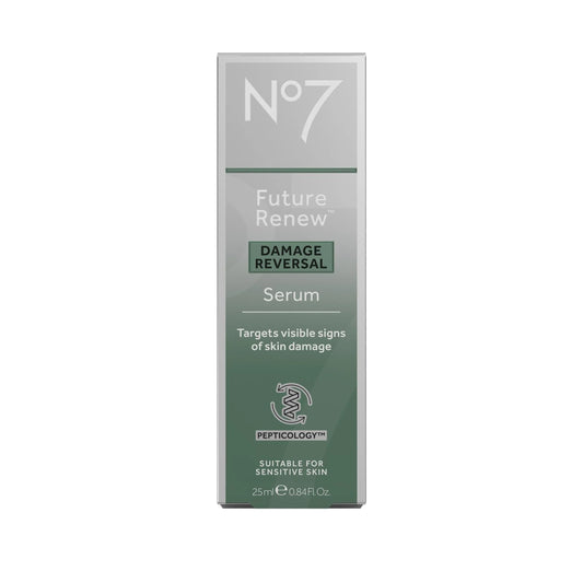 No7 Future Renew™ Damage Reversal Serum, clear glass dropper bottle with black cap and No7 Future Renew branding