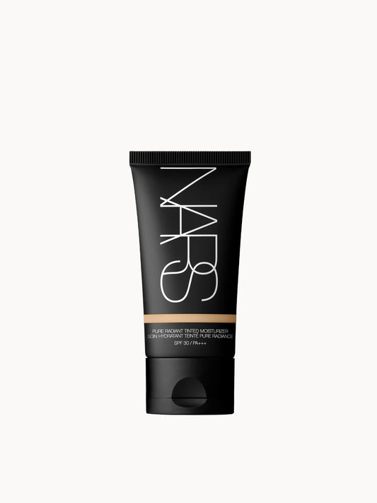 NARS Pure Radiant SPF30/Pa+++ Tinted Moisturiser - Mykonos, clear glass pump bottle with black cap and white NARS wordmark
