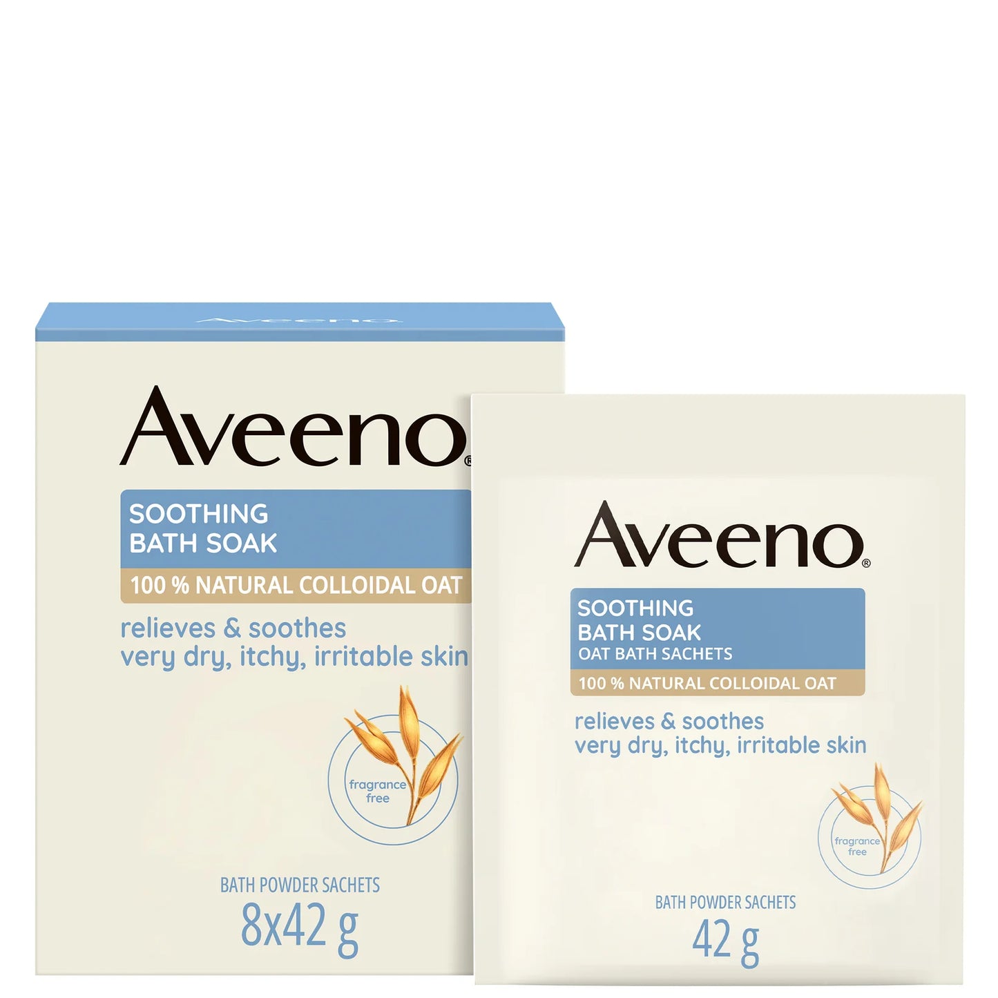 Aveeno soothing bath soak sachets dissolving into a milky bath for dry skin relief
