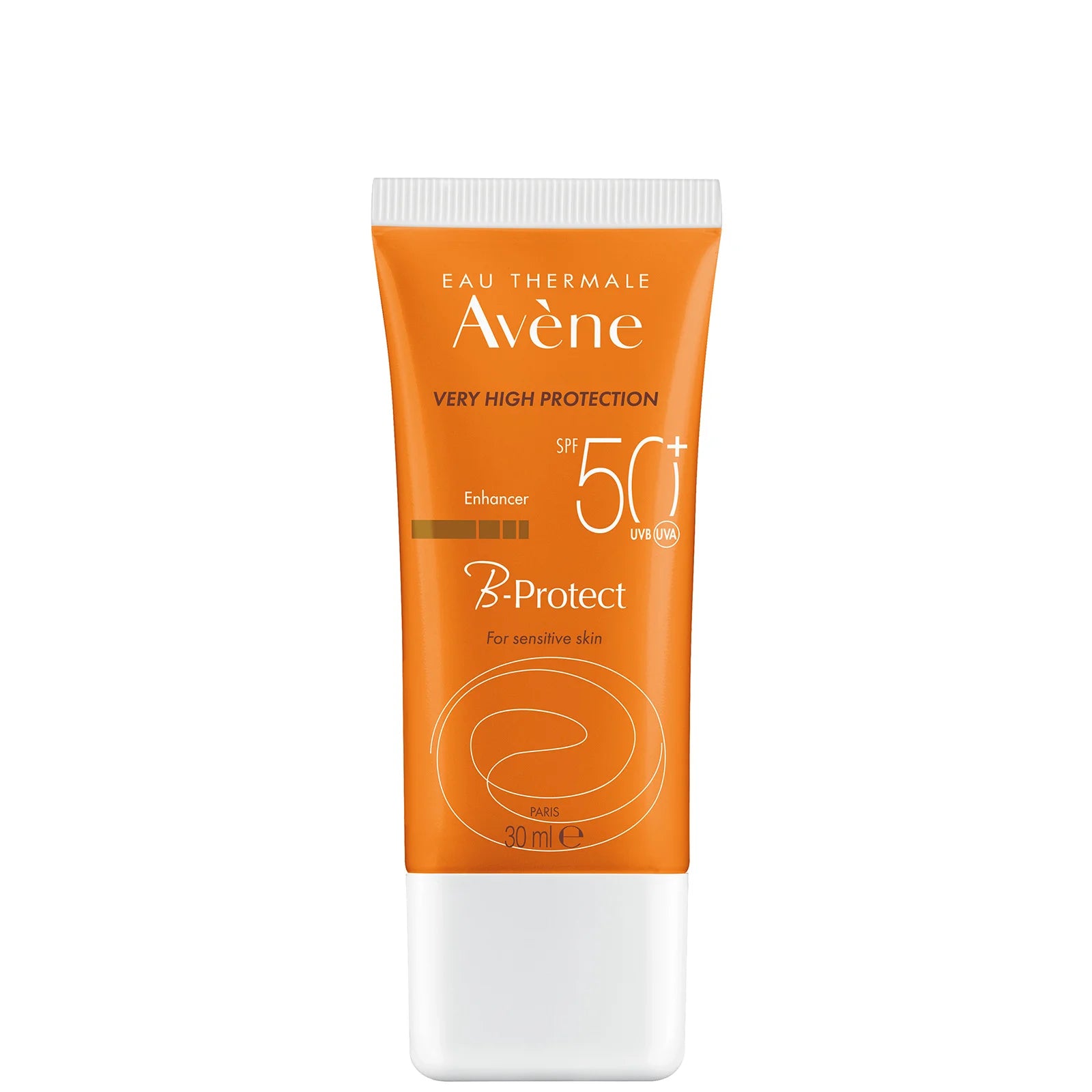 Avène Very High Protection B-Protect SPF50+ 30ml – peach-tinted sunscreen in white tube for sensitive skin, broad-spectrum UV shield with glow.