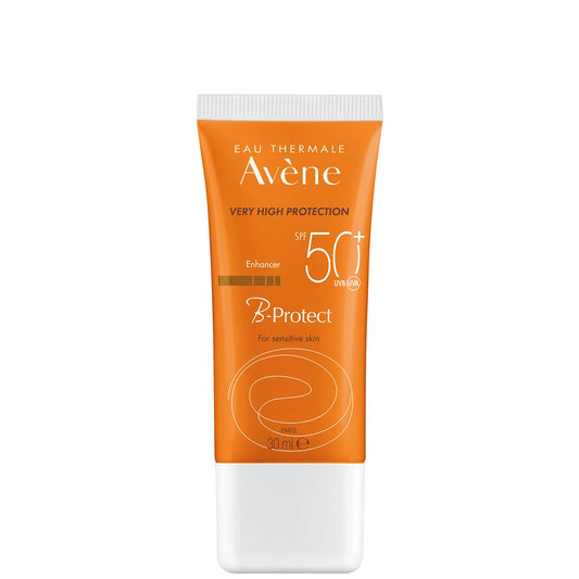 Avène Very High Protection B-Protect SPF50+ 30ml – peach-tinted sunscreen in white tube for sensitive skin, broad-spectrum UV shield with glow.