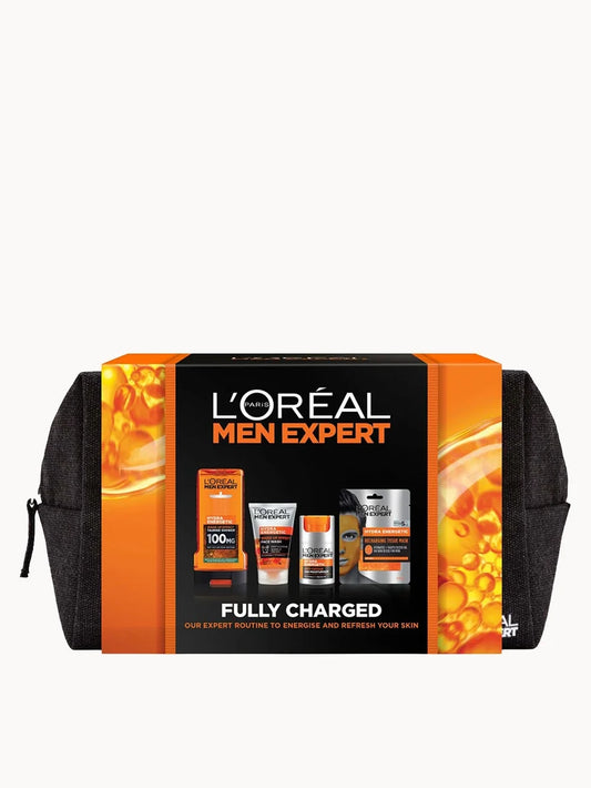 L'Oréal Paris Men Expert Fully Charged Washbag 4 piece gift set with grooming products inside a zip washbag