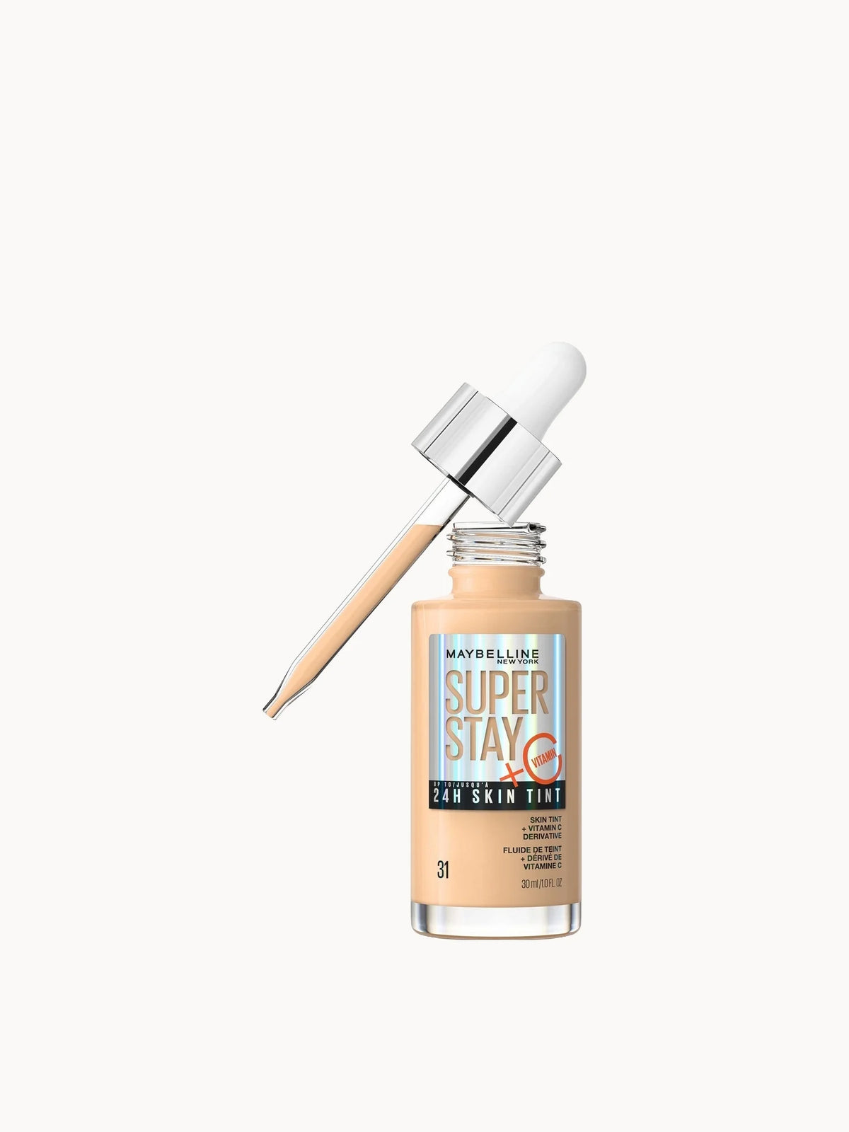 Maybelline Super Stay Up to 24H Skin Tint Foundation + Vitamin C - Shade 31, glass bottle with black dropper cap and Maybelline Super Stay Skin Tint branding