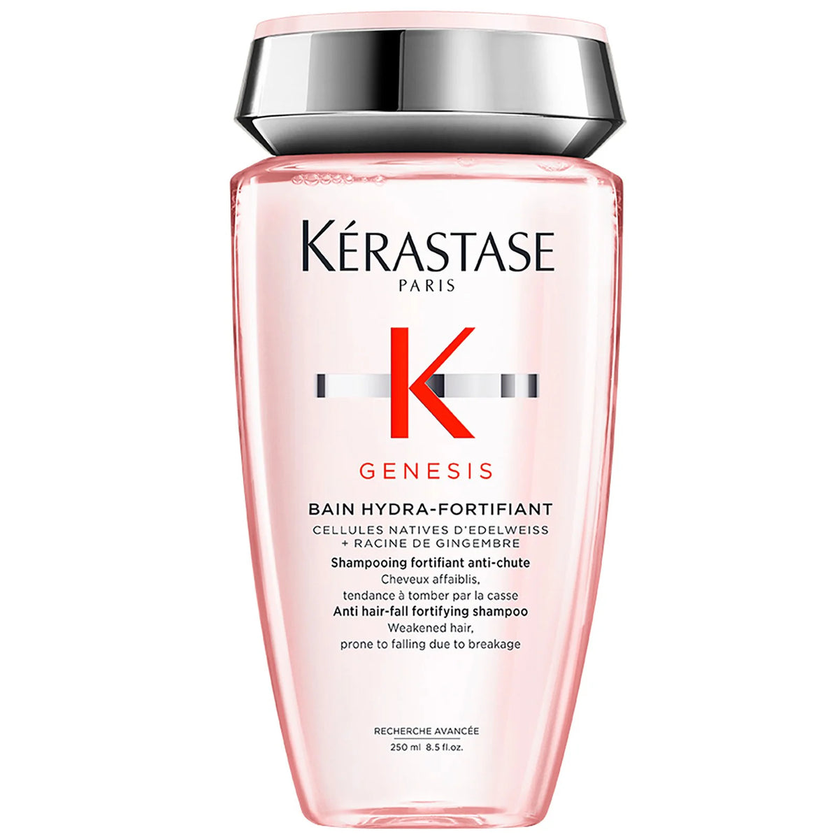 Kérastase Genesis Bain Hydra-Fortifiant Shampoo 250ml, elegant pink bottle with metallic cap, designed to strengthen and reduce hair breakage