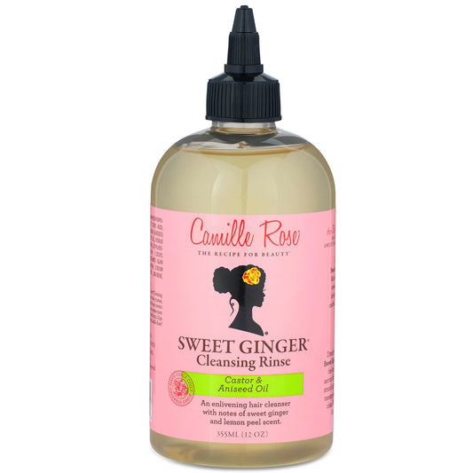 Camille Rose Sweet Ginger Shampoo 355ml for gentle scalp cleansing in clear bottle with black cap and pink label
