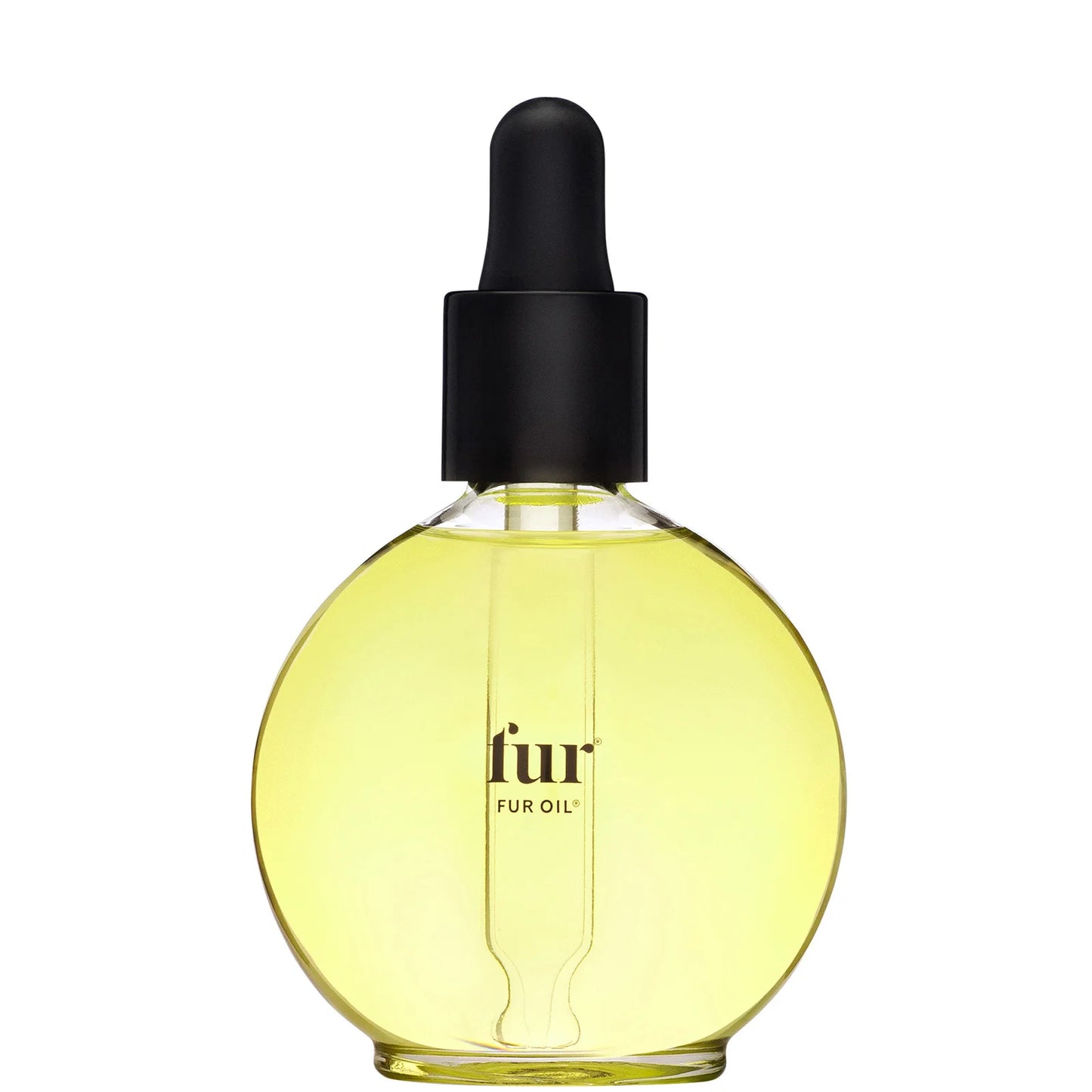 Fur Oil 2.5 fl.oz in a round glass bottle, golden oil visible inside with a black dropper cap.