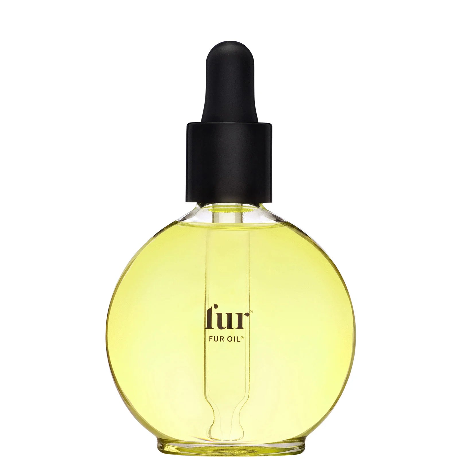 Fur Oil 2.5 fl.oz in a round glass bottle, golden oil visible inside with a black dropper cap.