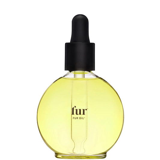 Fur Oil 2.5 fl.oz in a round glass bottle, golden oil visible inside with a black dropper cap.