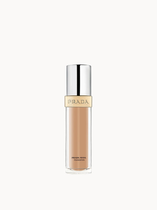 Prada Reveal Skin Optimising Refillable Foundation MN55 30ml - Medium Neutral, frosted glass pump bottle with Prada triangle logo