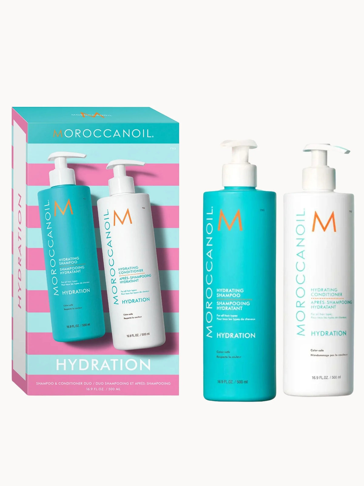Moroccanoil Hydrating Shampoo and Conditioner 500ml Duo, two matching bottles with black caps and Moroccanoil branding