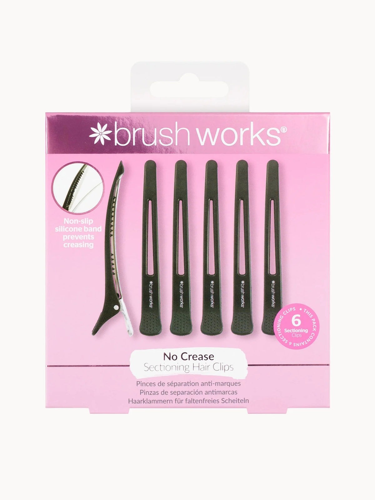 Brushworks No Crease Sectioning Hair Clips, pack of six black plastic curved clips