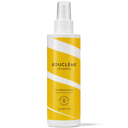 Bouclème Curl Defence Spray 200ml, tall white bottle with yellow swirl design, filled with spray formulated to protect and define curly hair