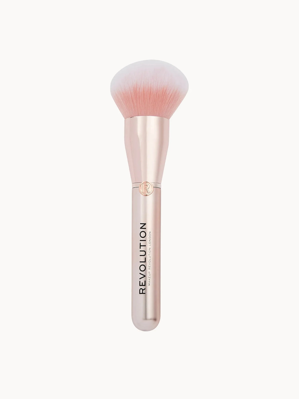 Makeup Revolution Create Ultimate Powder Brush R12, rose-gold handled brush with fluffy round head and Makeup Revolution logo