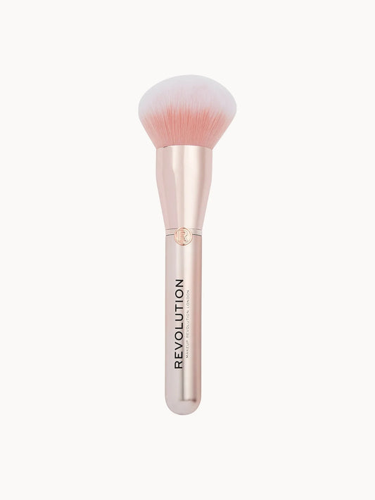 Makeup Revolution Create Ultimate Powder Brush R12, rose-gold handled brush with fluffy round head and Makeup Revolution logo