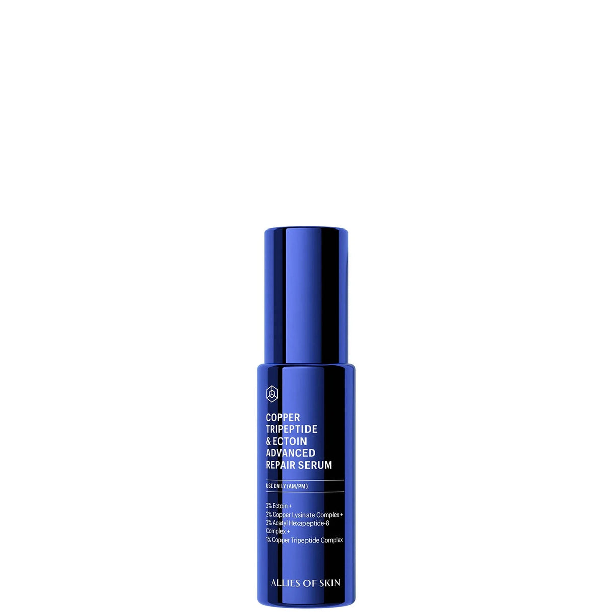Allies of Skin Copper Tripeptide & Ectoin Advanced Repair Serum 30ml, dark blue serum bottle with a pump dispenser