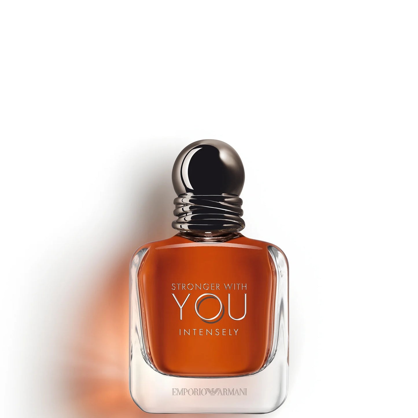Armani Stronger With You Intensely Aftershave 50ml – dark amber glass bottle with metal cap; warm spicy-vanilla scent for post-shave comfort.
