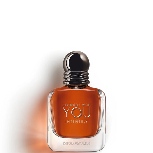 Armani Stronger With You Intensely Aftershave 50ml – dark amber glass bottle with metal cap; warm spicy-vanilla scent for post-shave comfort.