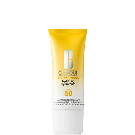 Clinique UV Solutions Hydrating Sunscreen SPF 50 in a compact white tube with a flip cap