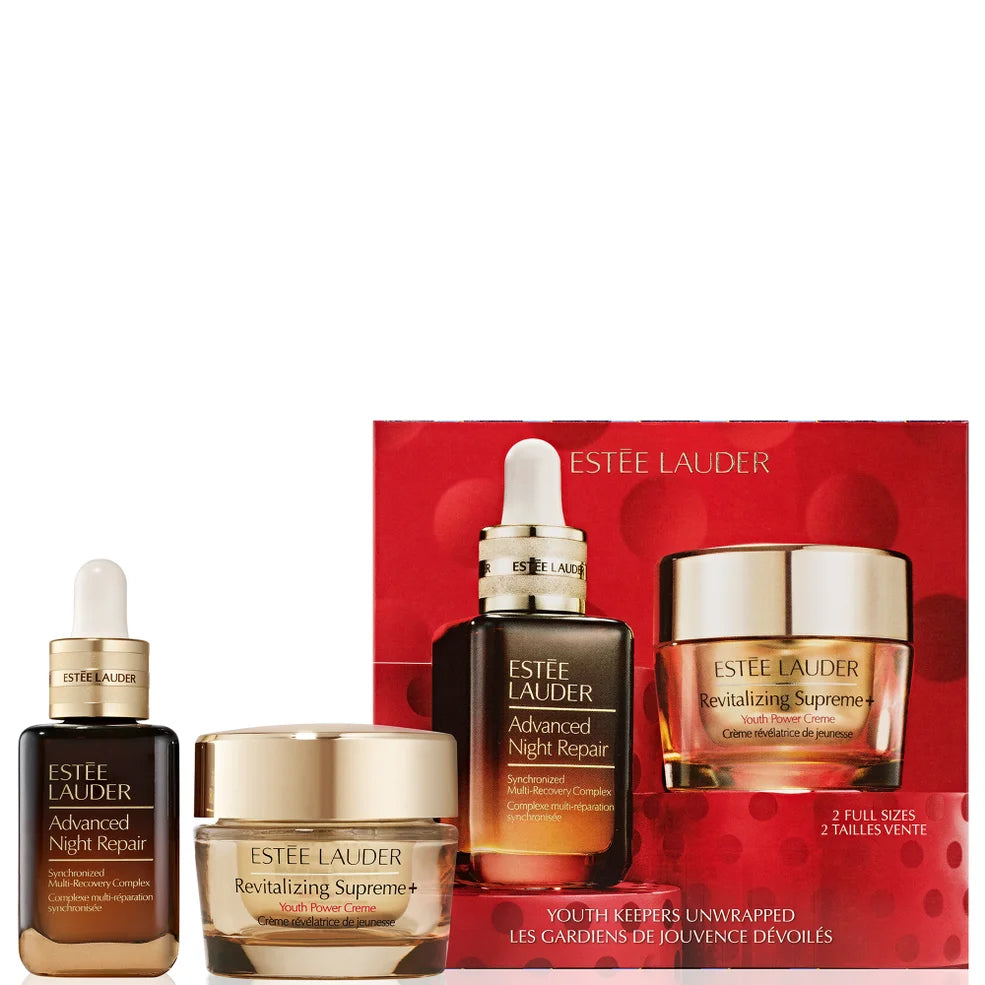 Estée Lauder Advanced Night Repair + Supreme skincare set with serum bottle and cream jar in coordinated packaging
