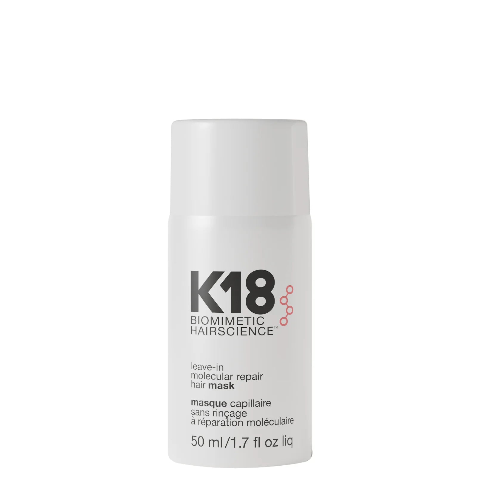 K18 Leave-in Molecular Repair Hair Mask 50ml in a white and black tube.