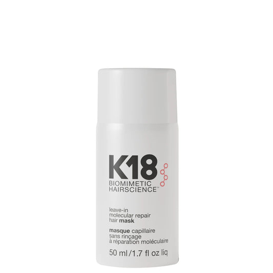 K18 Leave-in Molecular Repair Hair Mask 50ml in a white and black tube.