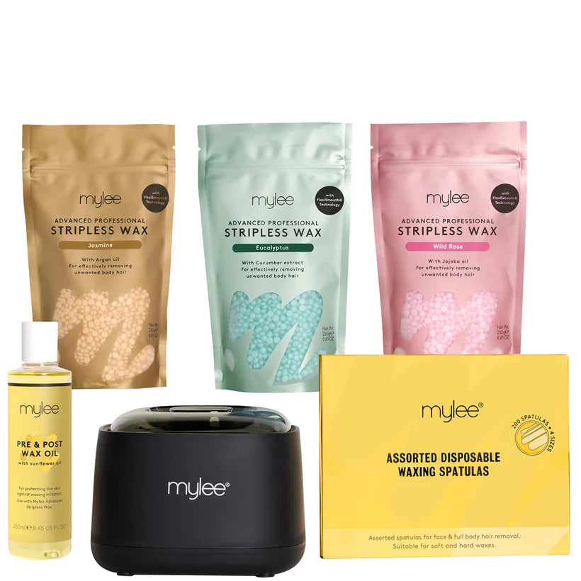 Mylee Strip Off Wax Kit set with wax heater pot, applicators and accessories arranged in packaging