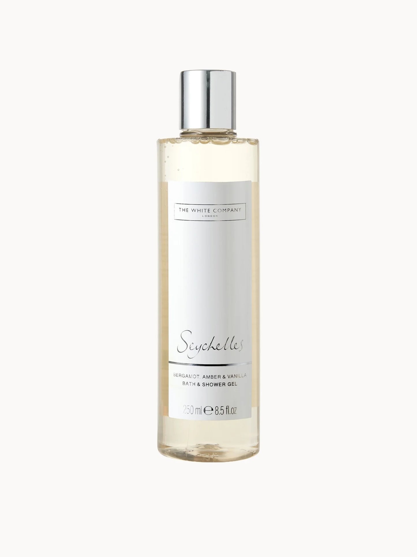 The White Company Seychelles Bath & Shower Gel 250ml in a frosted bottle.