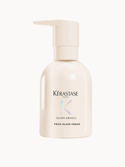 Kérastase Gloss Absolu Frizz - Glaze Cream For Thick Frizzy Hair 240ml, light pink pump bottle with holographic K logo and cosmos flower print