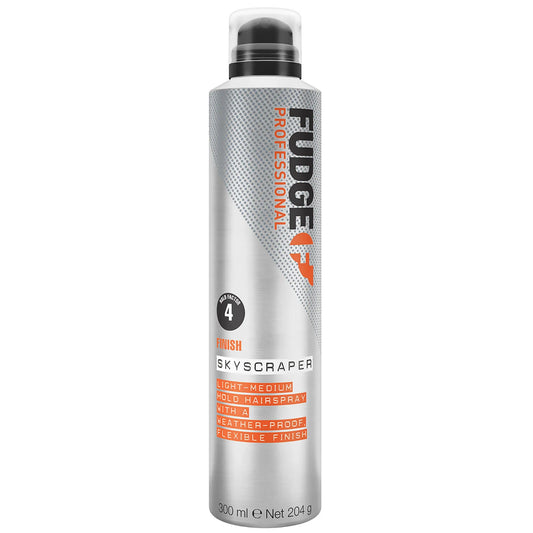 Fudge Professional Skyscraper Hair Spray 300ml offers flexible hold and shine in silver aerosol can with orange accents 