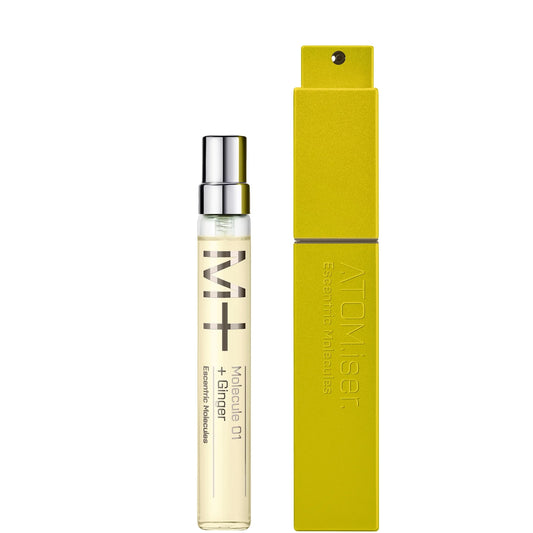 Escentric Molecules M+ Ginger ATOM.iser 25.5ml — ginger + Iso E Super; metal atomiser 8.5ml with two 8.5ml refills for travel.