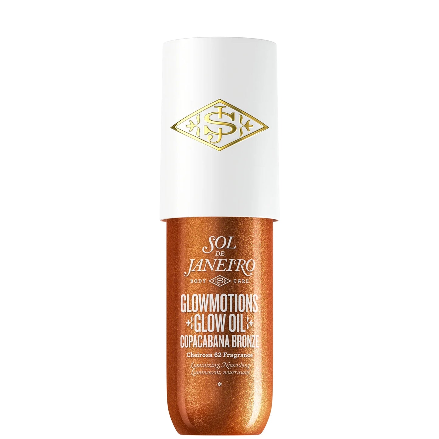 Sol de Janeiro GlowMotions Copacabana Bronze Glow Oil 75ml — shimmering body oil with coconut oil for nourishing sheen; bronze-tint bottle, screw cap.