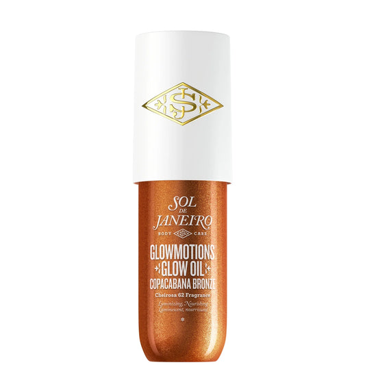 Sol de Janeiro GlowMotions Copacabana Bronze Glow Oil 75ml — shimmering body oil with coconut oil for nourishing sheen; bronze-tint bottle, screw cap.