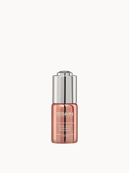 111SKIN Rose Gold Radiance Booster 20ml, glass dropper bottle with rose gold cap and shimmering serum
