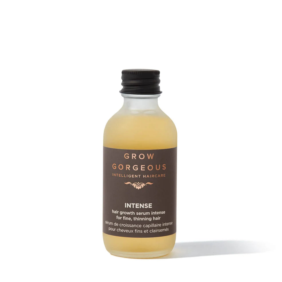 Grow Gorgeous Density Serum Intense 60ml bottle – sleek amber dropper bottle designed to boost hair density and fullness, enriched with caffeine, hyaluronic acid, and biomimetic peptides to revitalise the scalp and support healthy hair growth.