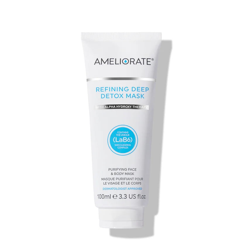 AMELIORATE Refining Deep Detox Mask 100ml in a white and dark grey tube with product name visible.