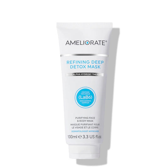 AMELIORATE Refining Deep Detox Mask 100ml in a white and dark grey tube with product name visible.