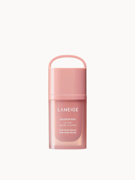 Laneige Juice Box Lip Tint Pop-Star Peach, small glass bottle with curved doe-foot applicator