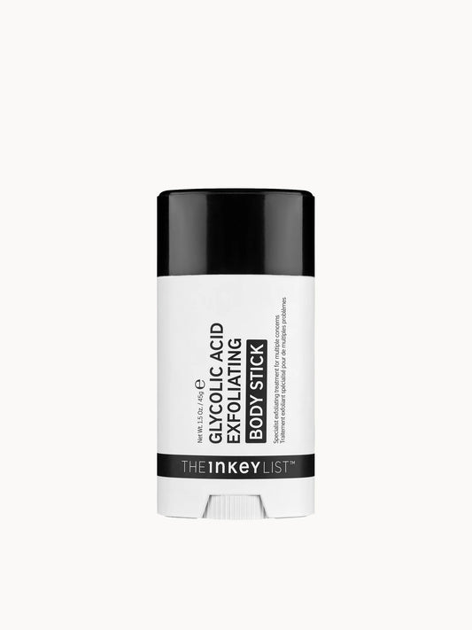 The INKEY List Glycolic Acid Exfoliating Body Stick 45g, white twist-up stick with clear cap and The INKEY List minimalist branding