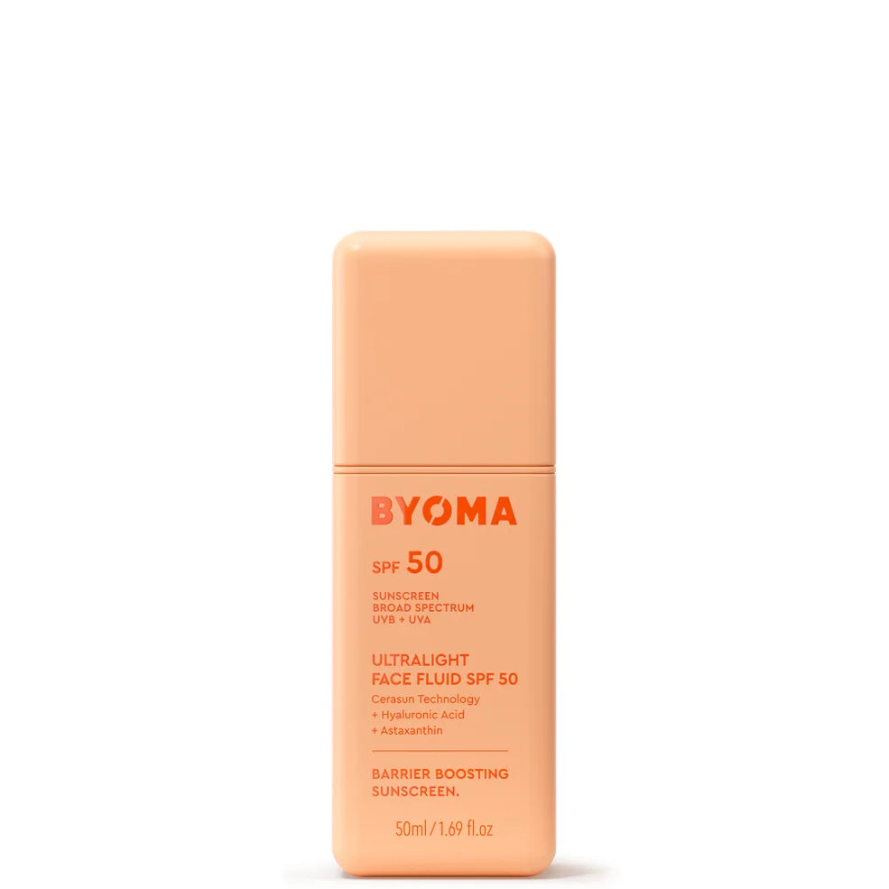 BYOMA Skincare EXT Ultralight Face Fluid SPF 50 50ml, pastel squeeze tube with BYOMA branding and screw cap