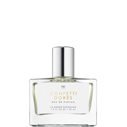 Le Monde Gourmand Confetti D’ores Eau de Parfum 30ml transparent fragrance bottle with minimalist label and gold lid