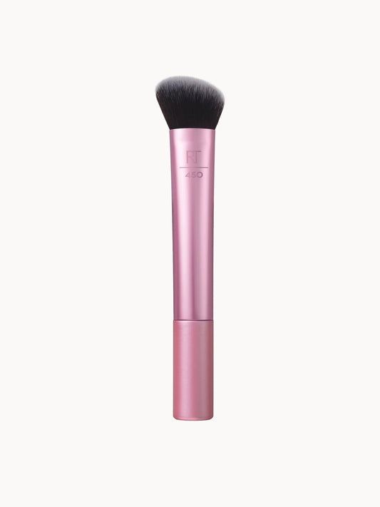 Real Techniques Soft Sculping Brush Cheek - RT 450, pink handled brush with dense domed bristle head and Real Techniques logo
