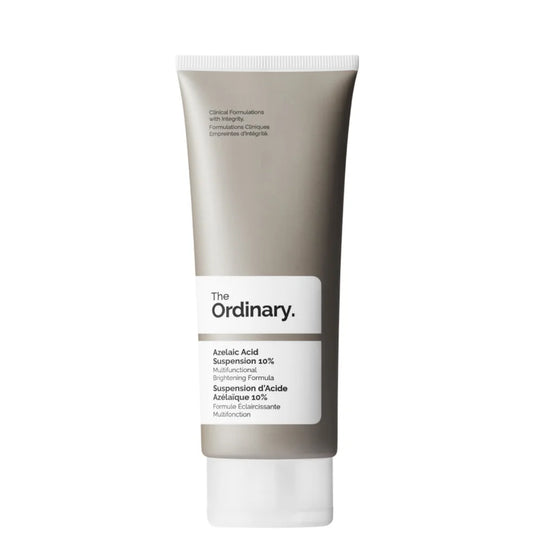The Ordinary Azelaic Acid Suspension 10% 100 ml – gray tube containing a milky-textured cream-gel designed to brighten skin tone, reduce redness, and refine texture.