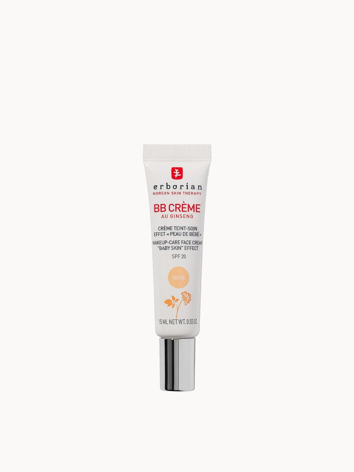 Erborian BB Creme SPF20 Nude 15ml, gold tube with green Korean-inspired branding
