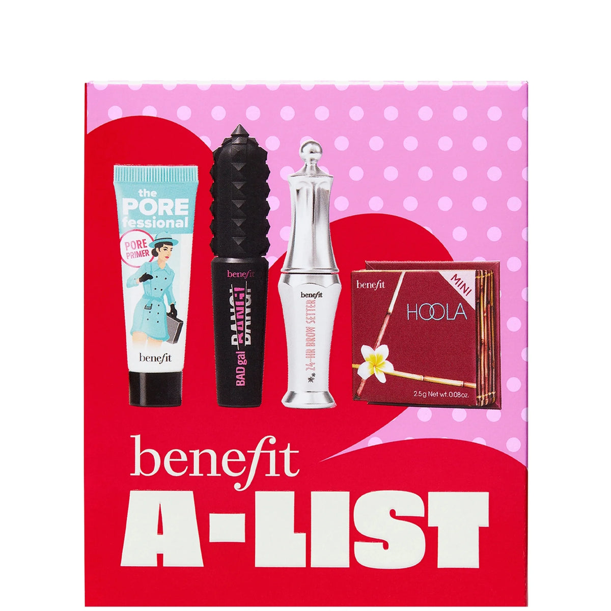 Benefit A - List Full Glam Kit: Mascara, Bronzer, Primer & Brow Setter, gift box set with four mini makeup products