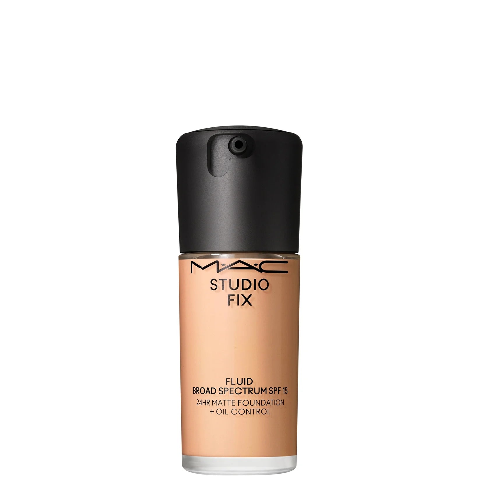 MAC Studio Fix Fluid SPF15 foundation in shade N6.5, classic glass bottle with black pump and MAC logo.